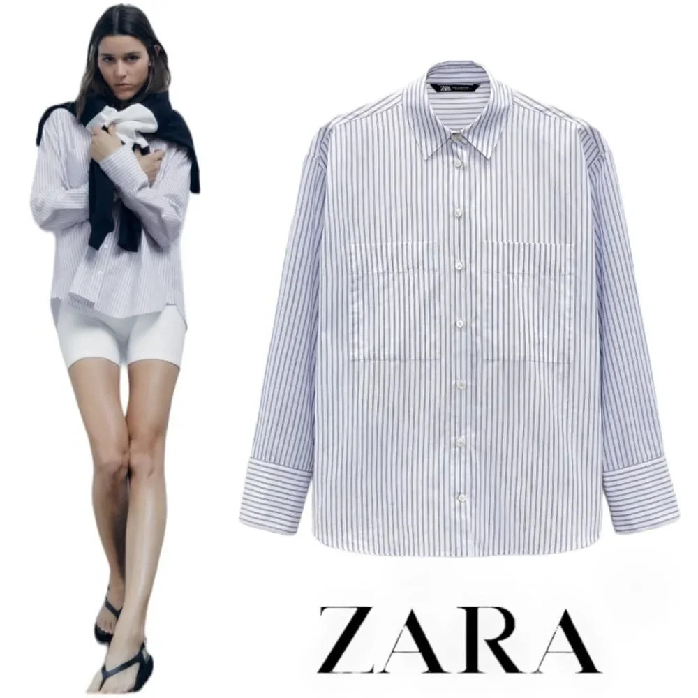 Zara Blue White Striped Poplin Shirt NWT Size M Oversized Cotton Button Down